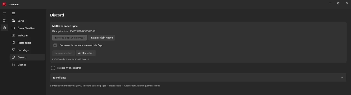 Réglages Discord : mettre le bot en ligne, inviter, installer /join, ne pas m’enregistrer.